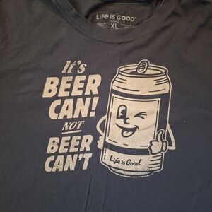 Life Is Good Blue Tee with Beer Can Graphic